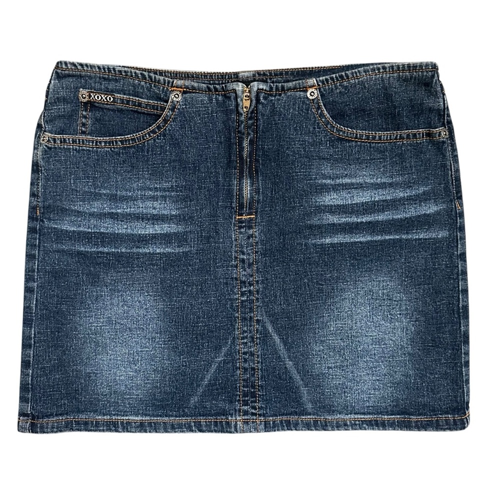 Y2K Xoxo Low Rise Exposed Zipper Dark Wash Faded Denim Mini Skirt Size 5/6 JR